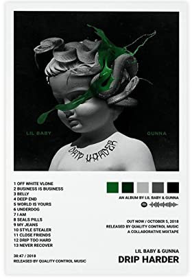 ARZARF Lil Baby Poster Drip Harder Tracklist Album Cover Poster Leinwand Poster Wandkunst Dekor Druck Bild Gemälde für Wohnzimmer Schlafzimmer Dekoration Rahmen Stil 08x12inch (20x30cm)