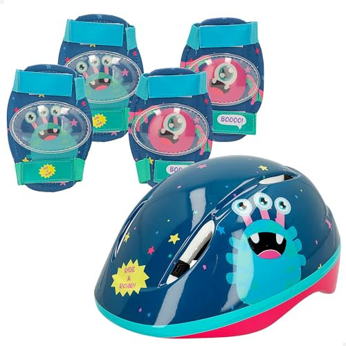 Colorbaby CB Riders - Set Casco y Protecciones para niños, Ride & Roar, Diseño Monstruos, Contiene 5 Piezas, Rodilleras, Coderas, Protección Patinete niño, +3 años, 47554