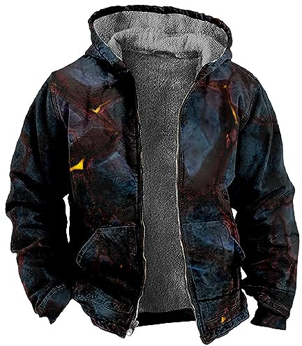 LUNULE Fleecejacke Herren Männer 3D Druck Teddy Fleece Gefüttert Hoodie Jacke Winter Dicke Plüsch Innenfutter Kapuzenjacke Mit Tasche Casual Thermohemd Warm Winterjacke Flanellhemd Reißverschluss
