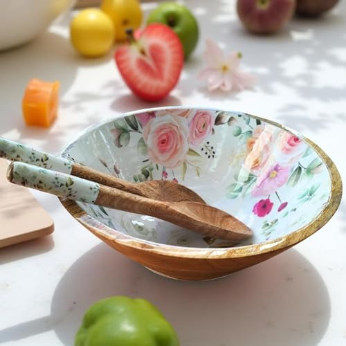 Hartsmede Wooden Salad Bowl with Spoons – 10 Handmade Mango Wood Serving Bowl with Food-Safe Floral Enamel Interior for Salad, Pasta or Fruit, Rustic Eco-Friendly Kitchen Gift (Floral)