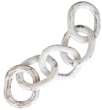 Wood Chain Link Decor Hand Carved 5-Link Wood Knot Decorative Chain, Rustic Wood Link Decorative Object Large Wooden Chain for Home Living Room Coffee Table Farmhouse White