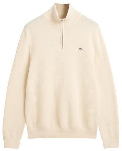 GANT Men's Cotton Micro Textured Half Zip Pullover Sweater, Cream, M