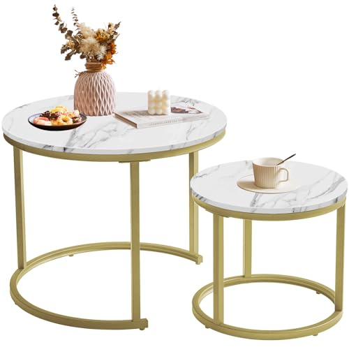 IBUYKE Round Nesting Table, Removable Set of 2 Coffee Tables, Stacking Sofa Side Table End Table, for Living Room, Bedroom, Office, Balcony, Apartment, White and Gold TMJ062G