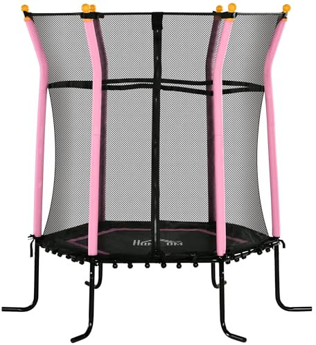 HOMCOM Trampoline pour Enfant Ø 1,60 x 1,63 m Filet de sécurité Porte zippée 6 poteaux rembourrés Inclus Charge Max. 50 kg Rose Noir