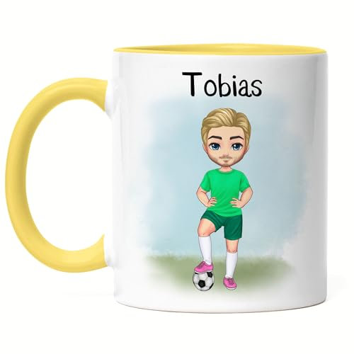 Kiddle-Design Fussball Tasse Gelb Personalisiert mit Namen Fußball Becher Personalisiert Fanartikel Kinder Jungs Männer Fussballtasse Fußballfan