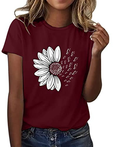 Cadeaux pour Femmes HUIFUAO – Chemise d'été pour Femme, Motif Tournesol, Papillon, Haut Graphique, col Rond, Manches Courtes, en Coton, Coupe Ample, A01 Vin, XXL