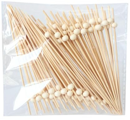 Yooghuge Juego de 200 pinchos desechables de bambú, palillos de frutas, palillos de dientes largos, pinchos decorativos para fiestas, presentaciones, eventos y decoraciones