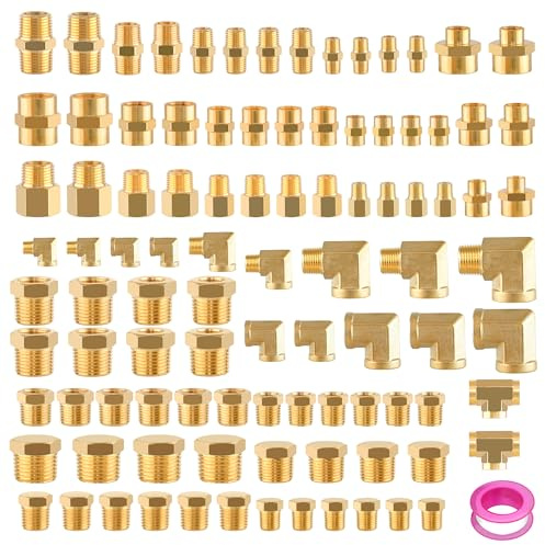Ailbiuko 98PCS Brass Pipe Fittings Assortment Kit NPT Adapter,Reducer Bushing, Hex Nipple, Reducing Hex Coupling,Hex Head Plugs,90 Degree Street Elbow,Street Tee Fittings Kits