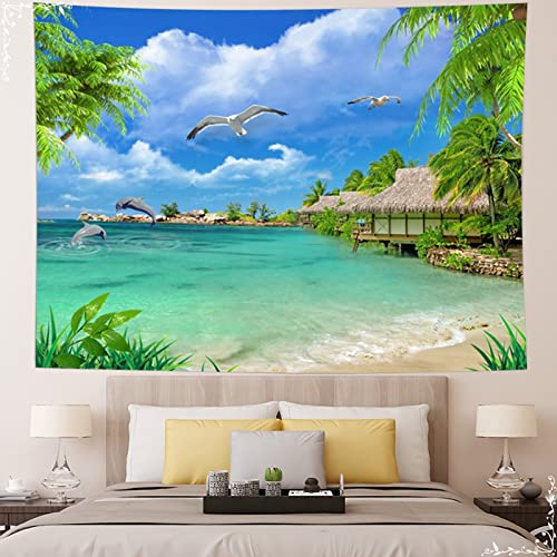 Dsnyu Wandteppich Natur Groß, Wandtuch Grün Blau Landschaft Tropische Tapisserie Wandbehang Polyester 300x260cm Accessoires für Schlafzimmer Wohnzimmer