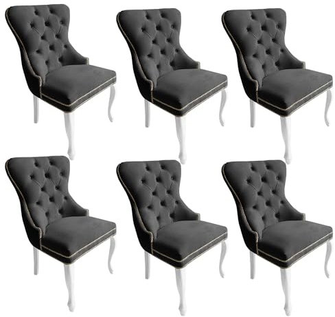 Meble Ares Esszimmerstühle 6er Set Madame - Glamour Stil - Samt Stuhl Esszimmer - Dining Chair - Seselstuhl Wohnzimmer, Schminktisch Stuhl - Ankleidezimmer Möbel - Buchenholz, Gesteppt, Dunkelgrau