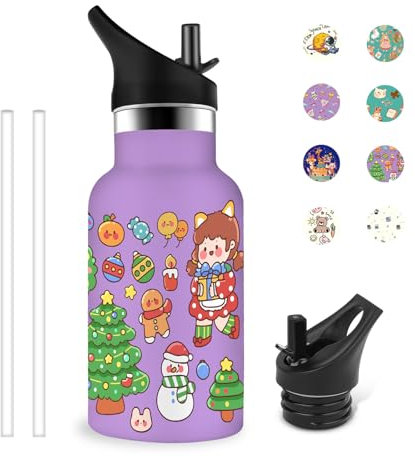 Grsta Trinkflasche Kinder, 350ml Trinkflasche Edelstahl, Trinkflasche Auslaufsicher mit Strohhalm, Trinkflasche Kinder Kohlensäure Geeignet, BPA-freie, für Schule/Büro/Cafe, Lila-Weihnachtsbaum
