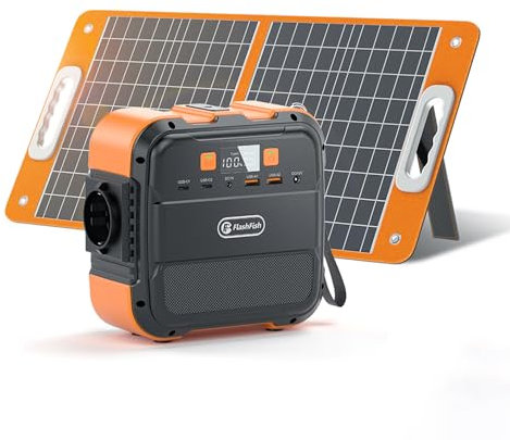 FlashFish 98Wh Générateur Électrique avec panneau solaire 60W, Station Électrique Portable 120W avec sortie CA, USB, Type-C charge rapide, Batterie de Secours pour Extérieur, Camping, Jardin,Voyage
