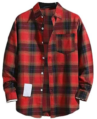 CreoQIJI Chemise à carreaux pour homme - Coupe ajustée - Manches longues - En coton - Classique - Pour les loisirs - Coupe droite - Chemise d'été avec boutons - Coton et lin - Sans plis, rouge, L