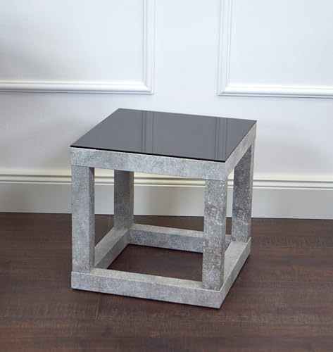 freeroom24, Beistelltisch, Wohnzimmertisch, Couchtisch, Coffee Table, Kleiner Kaffeetisch, Blumenhocker, Blumensäule, Cube, Betonoptik, Glas schwarz, 30 x 30 x 30cm, Made in Germany