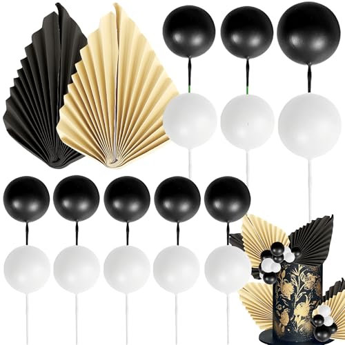 Xsstarmi 28 Pack Black Paper Palm Fan Cake Topper Black White Balls Cake Pick DIY Cake Decorations for Baby Shower Wedding Bridal Shower Birthday Party Supplies Black White