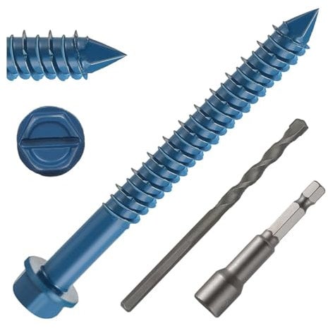 DAYALO Lot de 30 vis à béton à tête hexagonale M6,5 x 70 mm Vis à béton galvanisée avec foret et clé à douille hexagonale pour maçonnerie, béton, architecture, industrie (bleu)