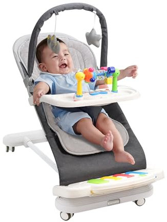 Babywippe mit Abnehmbarer Spielbogen, Baby Bouncer mit Klavierspielzeuge, Fütterungstablett, Verdicktem Kissen und Rädern, 4-Stufig Verstellbare Wippe Baby für Neugeborene 0-18 Monate (Dunkel Grau)
