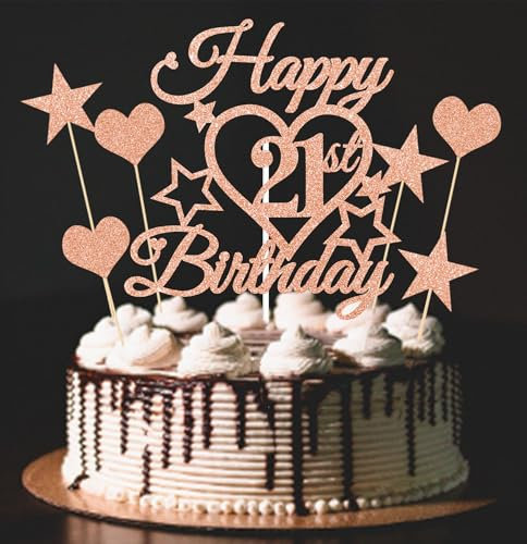 bng-bng 21st Birthday Cake Topper Dation,Rose Gold Glittery Happy 21st Birthday Cake Cupcake Toppers For Girls 21 Twenty-one Years Old Party Supplies Decorations