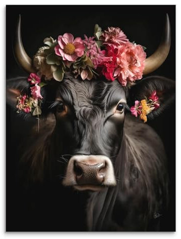 Kunstgestalten24 | Kuh mit Blumen Leinwandbild Kunst | Innen-Wanddekoration | Wohnzimmer bilder | Wandbilder | Wanddeko | XXL Bilder auf Leinwand | Moderne Bilder