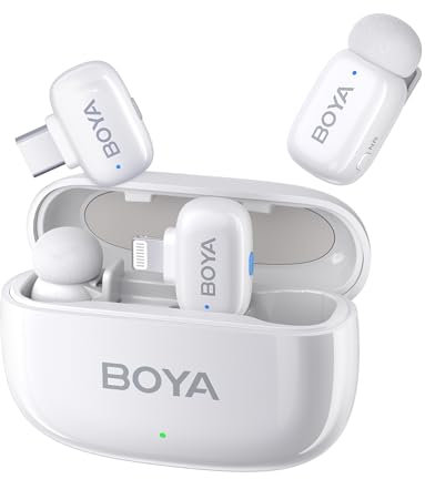 Boyamini Microfono Lavalier Wireless per Lightning&USB C, Ultra mini microfono con commutazione vocale AI, riduzione del rumore e custodia di ricarica, clip in metallo su TikTok Content Creators