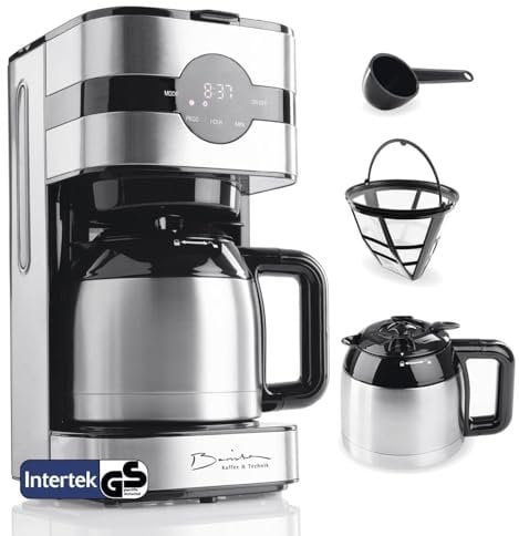 Barista Cafetière filtre avec thermos | Minuteur 24h & filtre permanent | Pour 8 tasses de café | Cafetière pour poudre [Acier inoxydable]
