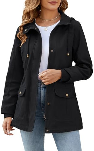Tuopuda Giacca Primaverile Donna Parka Cotone Militare Cappotto Leggera Utility Jacket Giubbotto con Cappuccio Casual con Zip Antivento Staccabile Giacche Giaccone Outdoor, Nero, S