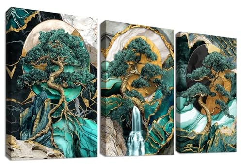 3 Pcs Montagna Albero di Pino Marmo Verde Stampa su tela Con Cornice Cascate E luna Piena Pittura Quadri su tela Quadri Moderni Camera da Letto Soggiorno Decorazioni Murale 90x40cm(12x16x3pcs)