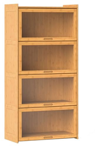 GIANTEX Libreria in bambù a 4 livelli, 140 cm, scaffale per libri con ante pieghevoli in acrilico trasparente, mobile di stoccaggio autoportante, per sala studio, soggiorno, camera da letto (natura)