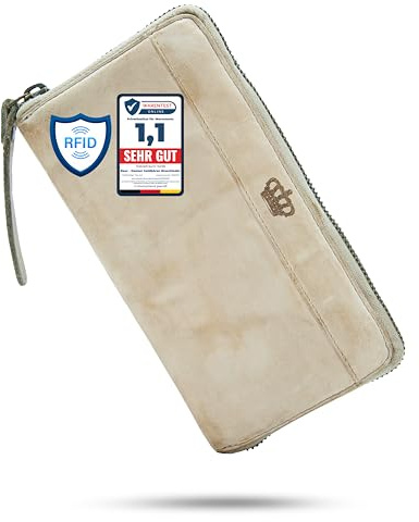 Baur - Damen Geldbörse groß Waschleder RFID-Schutz (Glatt, Beige) | Portemonnaie im Used-Look, 12 Kartenfächer, Rundumreißverschluss aus Metall, extra weiches Leder