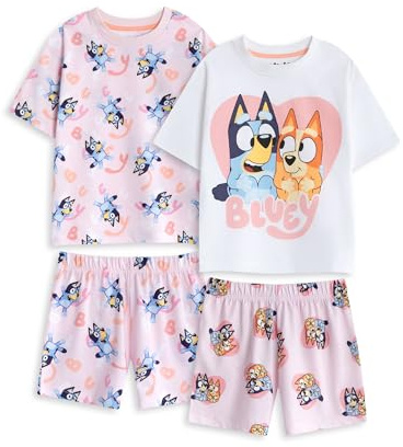Bluey & Bingo Girls Pink Pyjama Set | Multi-Pack of 2 Short Sleeve Short Leg Sleepwear | Cartoon Character All Over Print PJs Merchandise for Kids | Fun and Comfy Nightwear