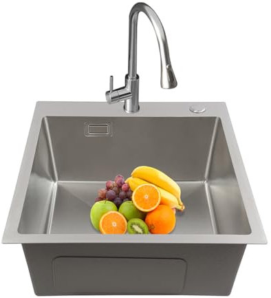 Donened - Fregadero de cocina de acero inoxidable, fregadero de cocina 45 x 50 cm, fregadero empotrable, 1 lavabo con tubos de drenaje, adecuado para montaje en posición vertical, empotrada o bajo