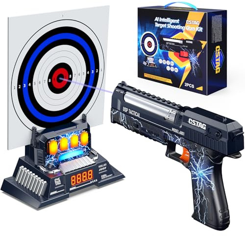 Elektronische Zielpistole mit Sprachansage & LED-Anzeige – Sicherer Schaumstoff-Blaster mit Papierzielen für Kinder, Geschenk für Jungen und Mädchen von 5-12 Jahren.