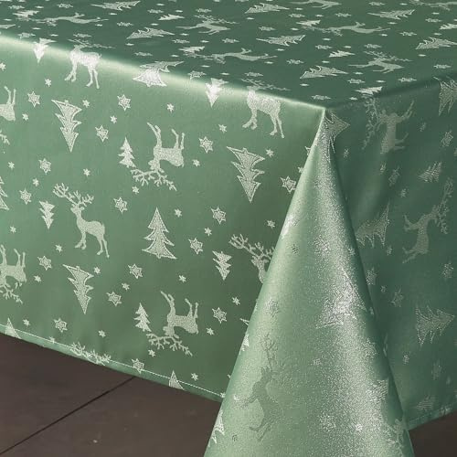 BEAUTEX Lurex Weihnachtstischdecke Elch Gruen 140x220 cm | Festliche Tischdecke für Weihnachten und Advent, pflegeleicht und dekorativ für Esstisch, Festtafel und Weihnachtsdeko