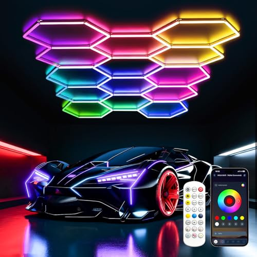 TODEHI RGB LED Hexagon Beleuchtung 14 Hex Deckenleuchten für Bar Party | dimmbare verknüpfbare Sechseck-Garagenleuchten mit Fernbedienung/APP für Gaming-Zimmer Fitnessstudio Auto-Schönheitssalon