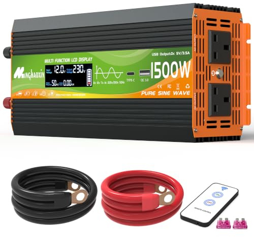 MInghaoxin 1500W Power Inverter 12V to 240V Pure Sine Wave Voltage Converter with 2 UK Sockets, USB Port, USB-C Port, LCD Remote Control Peak 3000W for Motorhomes, Trucks, Boats, Camping