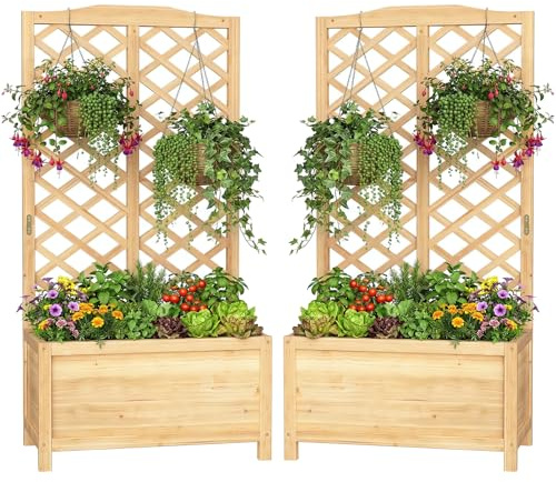 SUNYRISY 2 Stück Holz Hochbeet mit Rankgitter Blumenkasten mit Rankhilfe | Garten Pflanzkübel mit Spalier, Sichtschutz Garten Pflanzkasten Pflanzkübel, 76 x 40 x 150 cm
