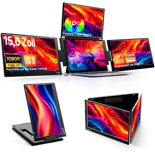 ROADOM 15,6 Triple Laptop Monitor, 1080P FHD IPS, Type-C, Metallgehäuse | 3-Bildschirm-Erweiterung, 1080P FHD IPS, Type-C & USB, 360° Drehbar, Faltbar, Metallgehäuse, Win/Mac/Android