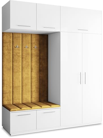 Masseno Flugarderoben Set Rema, Kleiderschrank-Set mit Sitzbank, Garderobenschrank Flur mit 5 Regalböden, Weiß