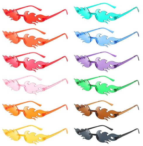 Noaxylic 12 Stück Flammen Sonnenbrille, Brillen Lustige, Flammen Brillen | Sonnenbrille Rave Randlose Hippie Flammenform Brille Party Kostümzubehör, für Maskerade Party Dekoration Abschlussball Strand