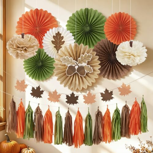 SUNBEAUTY Herbst Party Dekorationen Rot Papierfächer Ahornblätter Girlande | Orange Papierfächer Pom Poms Girlande für Hochzeit Geburtstag Thanksgiving Tischdeko Klassenzimmer Herbstdeko Halloween