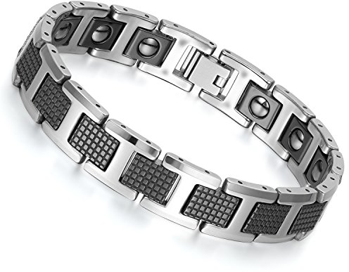 Flongo Paar Armband Magnetarmband 12mm Kohlenstoff-Faser Energie magnetischen Stein Edelstahl Armbänder für Paar Wolframcarbid Wolfram Armband Magnet Geschenk für Herren Damen schwarz silber