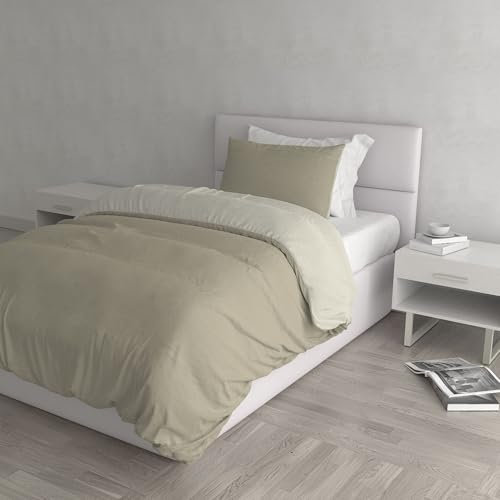 Set Copripiumino 100% Cotone Natural Color, Made in Italy - Parure Copri Piumino - Sacco Piumone 200x200 cm con Doppia Patella e Federa Cuscino, Piazza e Mezza, Tortora/Panna