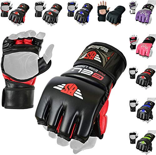 BeSmart MMA (Mixed Martial Arts), Grappling-Handschuhe (Griffkampf), UFC, Gel Tech, Thaiboxen, aus Rex Leder (Anilinleder), Herren damen Kinder, rot, xl