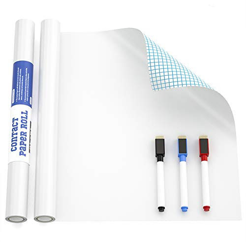Nicpro Whiteboard Paper Roll, 44 x 200 CM Self-Adhesive Dry Erase White Board Wall Sticker, Board Decal Extra Large Chalkboard Contact Paper with 3 Color Water-Based Pens for Home Office