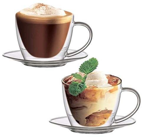 2-er Set Café Latte / Cappuccino Tassen, doppelwandig, mit Untertasse, NEU