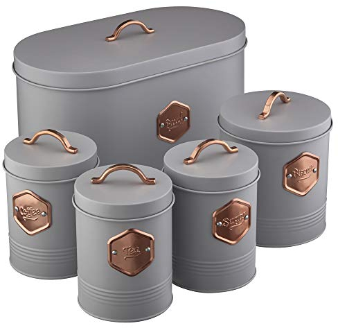 Cooks Professional 5 Piece Tea Coffee Sugar Bread & Biscuit Cannister Set | Labelled Storage Tins | Containers with Airtight Lids | Canisters for Kitchen Accessories & Essentials | Grey/Copper