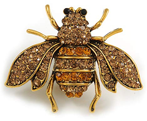 Vintage Inspired Champagne/Amber Crystal Bee Brooch In Aged Gold Tone Metal - 38mm Across