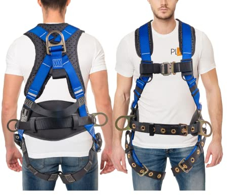 Palmer Safety Fall Protection Full Body 5 point Harness, Padded Back Support, Quick-Connect Buckle, Grommet Legs, Back&Side D-Rings, OSHA ANSI Industrial Roofing Tool Personal Equipment (Blue - LG)