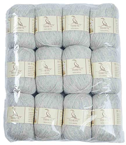 TEHETE 100% Schurwolle Yarn zum Stricken und Häkeln, Woll-Set weich 12 x 50 g, Grau