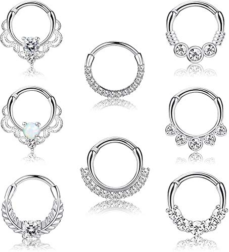 Milacolato 8PCS 16G Septum Nasenpiercing Clicker Ring Edelstahl CZ Opal Knorpel Helix Tragus Hoop Daith Ohrringe Nasenringe Hoop Scharniersegment Clicker Nase Ring Piercing Schmuck 10MM Silber